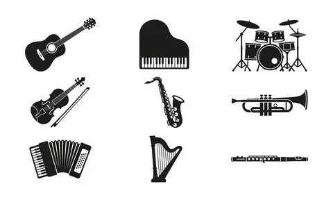 A collection of various musical instruments silhouette icon designs Stock Illustration