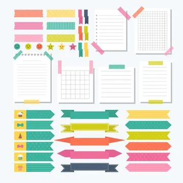 Collection of various note papers with different tape strips. Cute design e.. Illustrazione stock