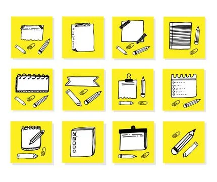 Collection of various note papers on yellow. Hand drawn doodle notepaper for Stock Illustration