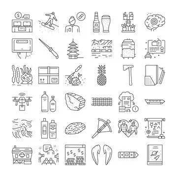 Collection of various objects and concepts line art black and white Stock Illustration