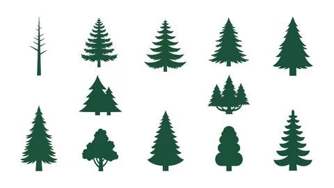 Collection of various pine tree and woodland plant silhouettes. イラスト素材