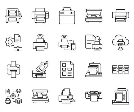 A collection of various printer icons on a white background Stockillustratie