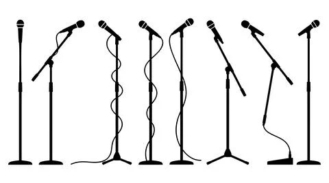 Collection of various professional microphone stand silhouettes for live Ilustração Stock