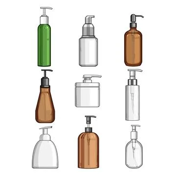 Collection of various pump dispenser bottles Ilustración de archivo