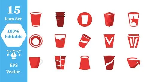 Collection of various red drinking cup icons with beverage container drinkwar Stock Illustration
