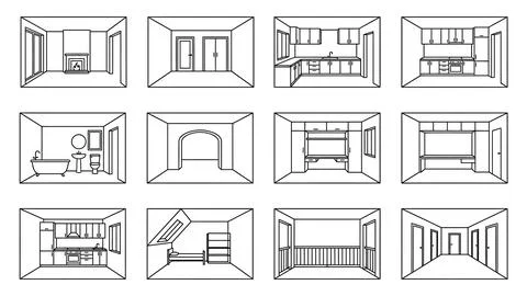 Collection of various room interiors in linear perspective outlines, showca.. Stock Illustration