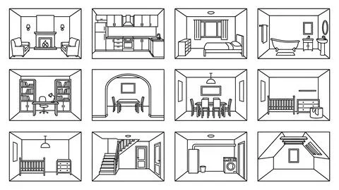Collection of various room interiors in linear perspective outlines, showca.. Stock Illustration