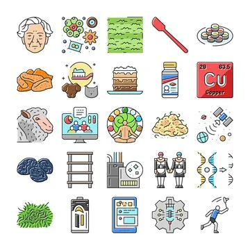 Collection of various science technology and medical icons Stock Illustration