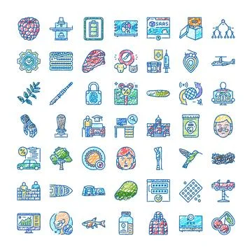 Collection of various scribble icons representing diverse concepts Stock Illustration