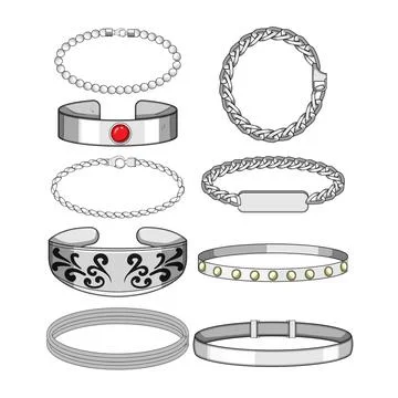 Collection of various silver bracelets and jewelry accessories designs Stock Illustration