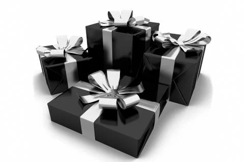 Collection of various sized gift boxes wrapped in a shiny black paper and a s Stock Illustration