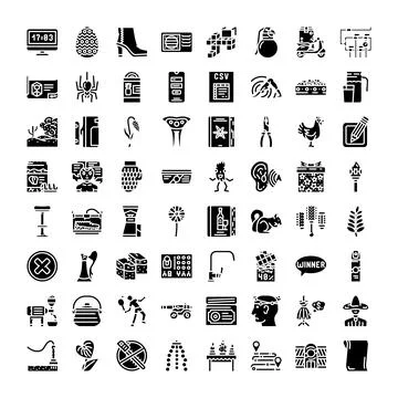 Collection of various solid black and white icon glyphs Stock Illustration