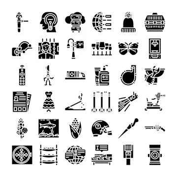 Collection of various solid black silhouette icons Stock Illustration