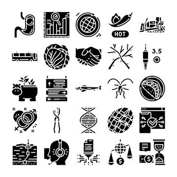 Collection of various solid icon glyphs illustrating diverse concepts Stock Illustration
