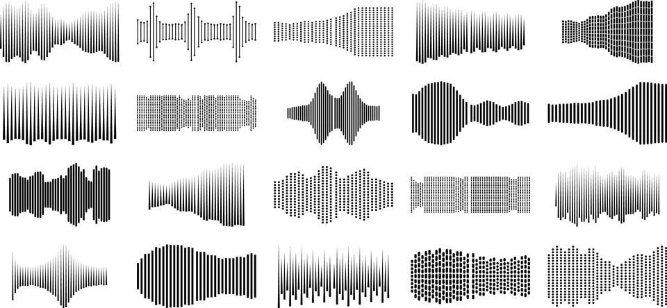 Collection of various sound waveforms visualized in modern digital style sh.. Illustrazione stock