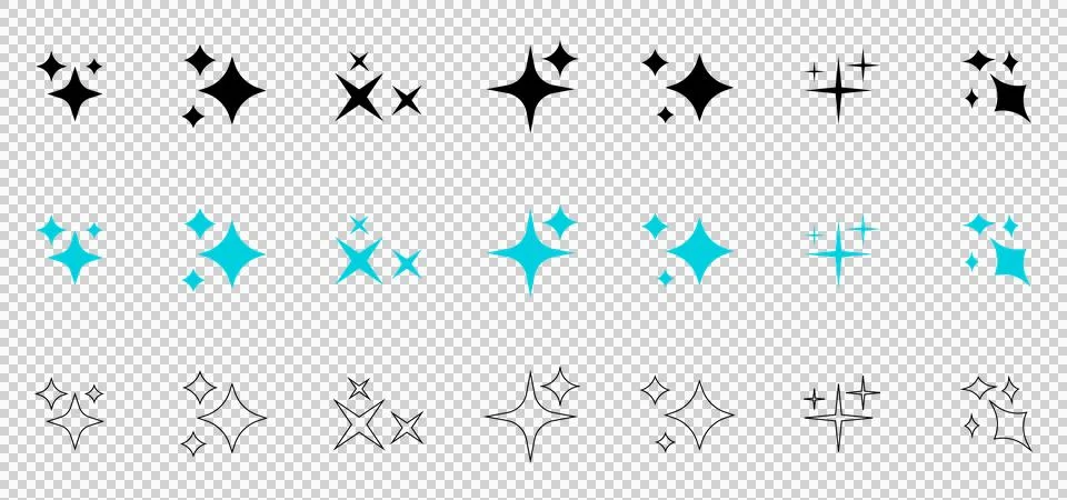 Collection of various star and sparkle icons isolated on transparent background Stock Illustration