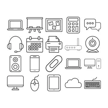 Collection of various tech icons including laptop headphones calendar print.. Stock Illustration
