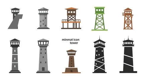 Collection of various tower icons in different shapes, materials, and archi.. Stock Illustration