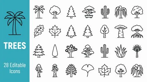 Collection of various tree icons in black and white for design and editing .. Stock Illustration