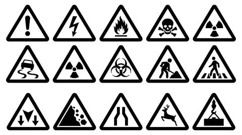 Collection of various triangular warning signs and safety hazard symbol icons Stock Illustration