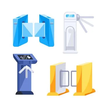 Collection of various turnstiles, controlling access to secure areas in office Stock-Illustration