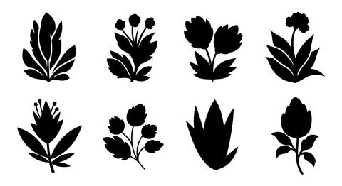 A collection of various types of flowers illustrated in a black and white l.. Stock Illustration