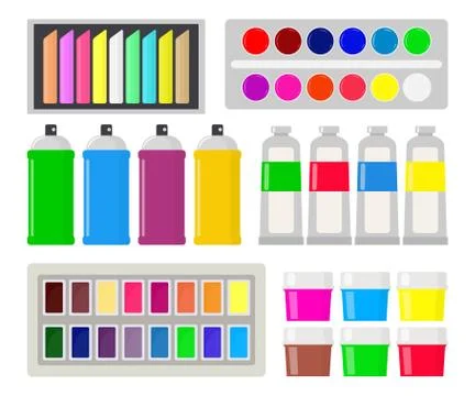 Collection of various types of paint: gouache, watercolor, oil paint, spray p Stock Illustration