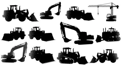 A collection of various types of trucks and heavy vehicles illustrated in d.. Stock Illustration