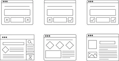 Collection of various website interface mockups and digital wireframe layouts Illustrazione stock