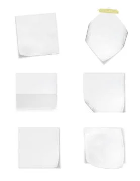Collection of various white note papers on white background Foto stock