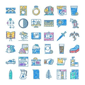 Collection of varying doodle chalk hand drawn icons Stock Illustration