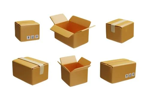 Collection vector 3D cardboard boxes, closed and open, with adhesive tape on a Stock Illustration