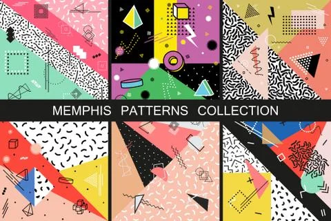 Collection of vector abstract memphis patterns with geometric shapes Stock Illustration