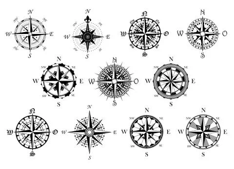 Collection of vector antique compasses Stock Illustration