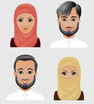 Collection of vector avatars Muslim men and women. Faces of Arab people. Stock Illustration