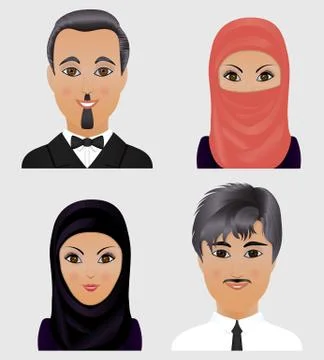 Collection of vector avatars Muslim men and women. Faces of Arab people. Stock Illustration