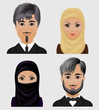 Collection of vector avatars Muslim men and women. Faces of Arab people. Stock Illustration