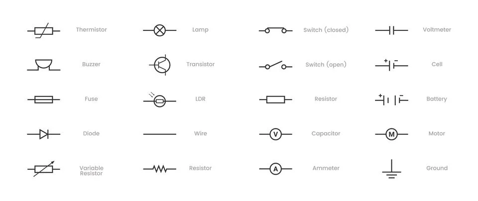 Collection of vector blueprint electronic circuit symbols - led, resistor, .. 스톡 일러스트