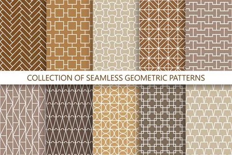 Collection of vector brown seamless geometric ornamental patterns. Grid endless Stock Illustration