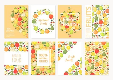 Collection of vector cards and banners with colorful cartoon fruits apple, orang Illustrazione stock