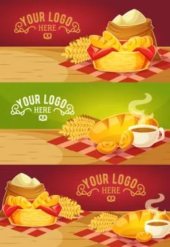 Collection of vector cartoon banners with fresh pastries and bread. Stock-Illustration