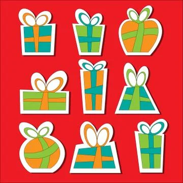 Collection of vector colorful Christmas present boxes. Decorative items. Sticks. Stock Illustration