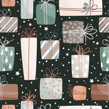 Collection of vector colorful Christmas present boxes. Holiday seamless pattern. Stock Illustration