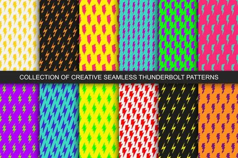 Collection of vector colorful seamless patterns with flash symbols. Bright イラスト素材