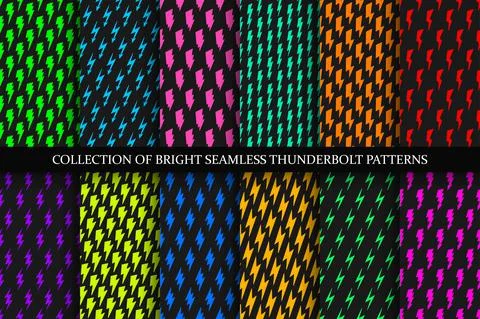 Collection of vector colorful seamless patterns with flash symbols. Bright Stockillustratie