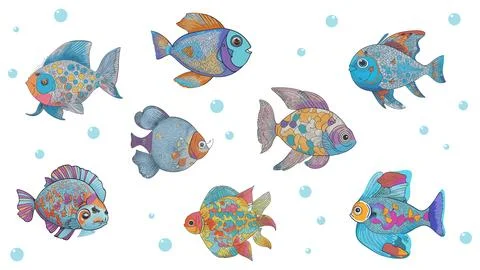 Collection of vector cute fishes in flat style. Set of cartoon colorful fis.. Stock Illustration