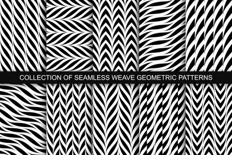 Collection of vector decorative seamless geometric patterns. Weave striped black Stock Illustration