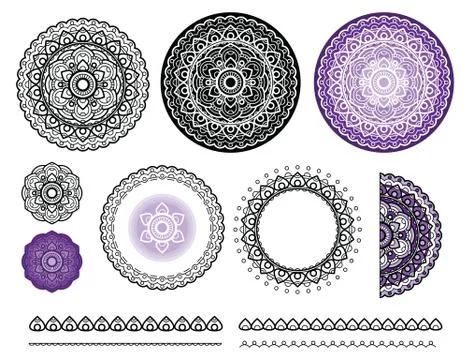 Collection vector elements of mandala. Round pattern, frames, label. Stock Illustration