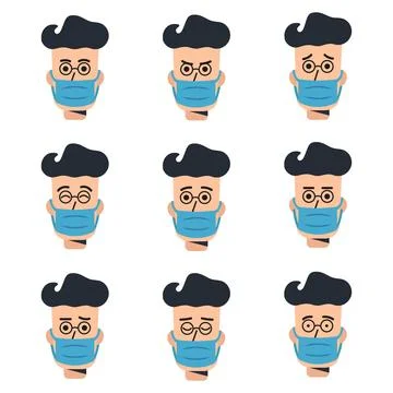 Collection of vector emotions of a man behind a mask. Doctor's head with di.. Illustrazione stock