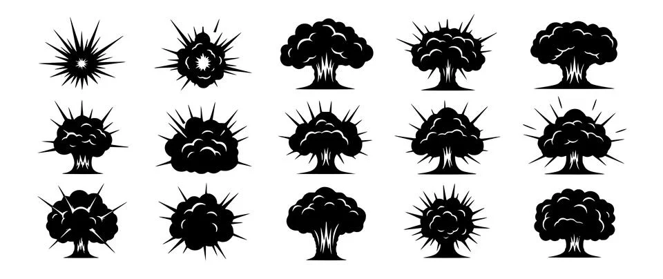 Collection of Vector Explosion Silhouettes Black and White Design Stock Illustration